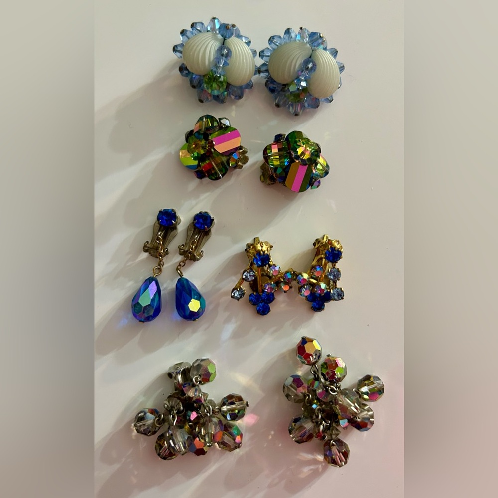 Vintage Clip-On Earrings Set BLUE crystals